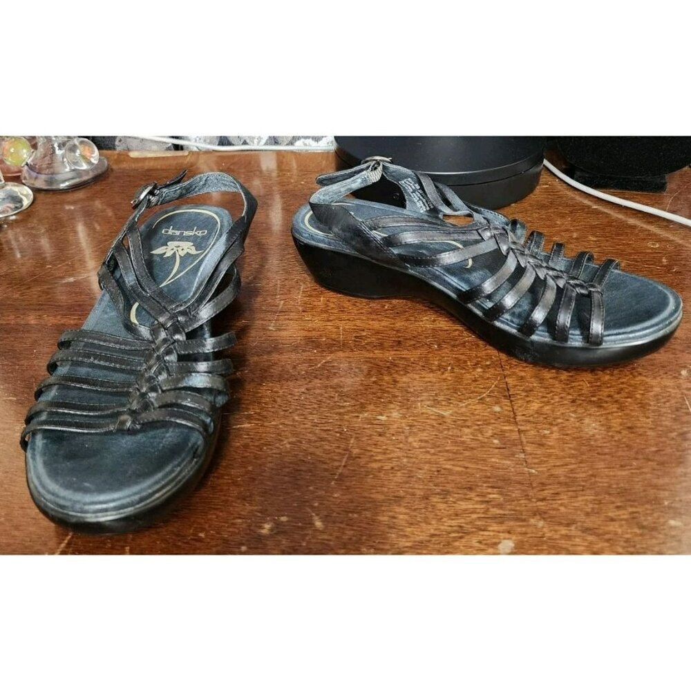 Dansko Dana Strappy Wedge Sandal Women Sz 9 / 39 Black Leather Slingback